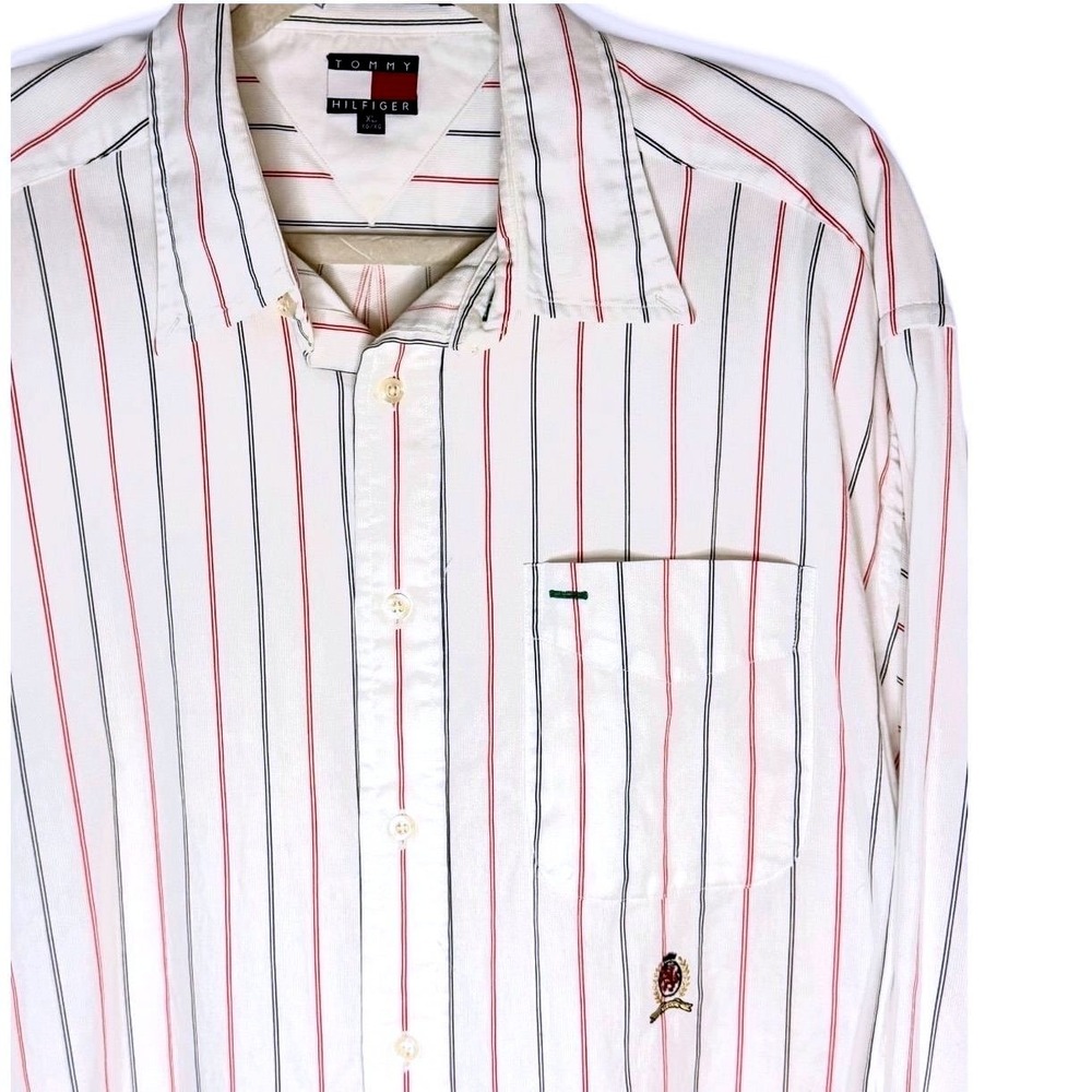 Tommy Hilfiger Button Down Long Sleeve Men XL White Striped Crest Vintage 90s - Picture 1 of 8